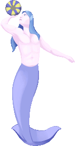 a merman with a blue tail playing basketball with a weird swirly thing